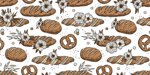 Bakery Bread Pattern Sketch Vintage Flower Loaf Pretzel Background Doodle Patisserie Vector