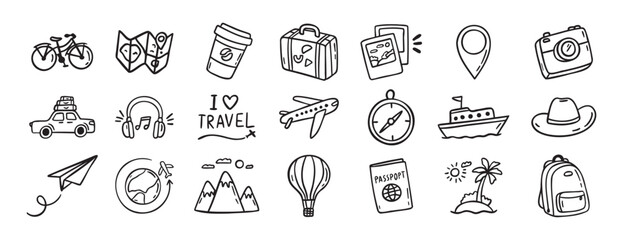 travel doodle hand drawn icon set. Outline drawing travel tourism line clipart symbols © Yanka