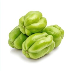 Fresh chayote fruit showcased on a  white background, highlighting its unique shape and vibrant green color.