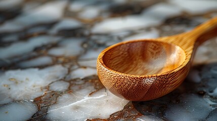 Close-up View of an Empty Wooden Spoon Showing Texture and Detail Resting on a Marble Surface.