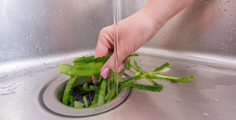 Woman disposing of cucumber peels in a stainless steel kitchen sink with garbage disposal running