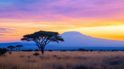 remarkable landscape of Kenyan savanna at twilight, with its tranquil grandeur, embodies distant Mount Kilimanjaro, vast plains, and profound connection between land and sky.