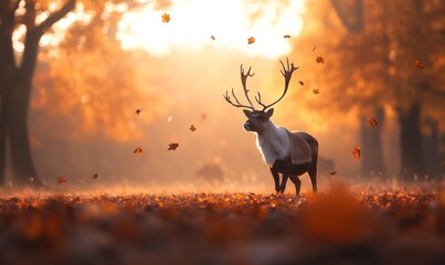Stag in autumn forest sunlight