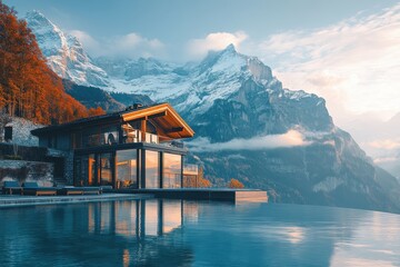 Fototapeta premium Luxury hotel nestled in stunning mountains showcases breathtaking natural beauty and modern design in a serene getaway location
