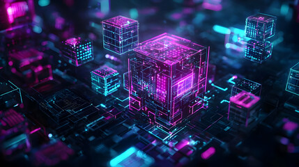 Abstract Glowing Digital Cubes on Circuit Board