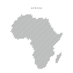 Africa map from pattern of black slanted parallel lines. Continent map with gray diagonal lines. Silhouette made of oblique hatching. Vector illustration isolated on white.