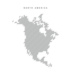 North America map from pattern of black slanted parallel lines. Continent map with gray diagonal lines. Silhouette made of oblique hatching. Vector illustration isolated on white.