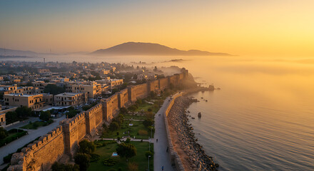 Obraz premium Enchanting Aerial View of Coastal Fortifications at Sunrise, Bathed in Golden Light, Showcasing the Beauty of Historical Urban Landscapes