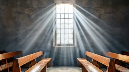 Serene light fills an ancient church, illuminating wooden pews as sun rays grace the sacred space with divine radiance.