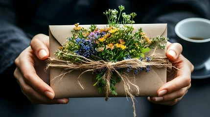 Hands Holding a Brown Paper Gift Envelope Decorated with a Colorful Flower Bouquet