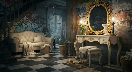 Stylish Interior With Vintage Vanity And Sofa In Pixelated Style