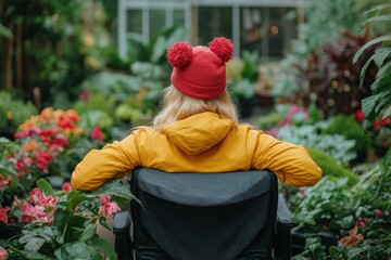 Woman in wheelchair in lush greenhouse