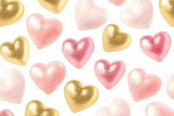Pattern of gold and pink heart-shaped balloons on white background