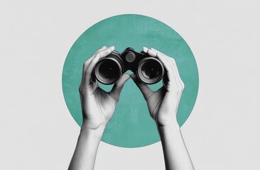Hands holding binoculars, searching for opportunity.  A creative visual representation of exploration and discovery