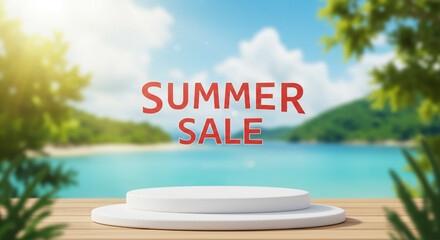 A vibrant summer sale announcement against a dreamy tropical beach backdrop, featuring a clean, minimalist product display stand.