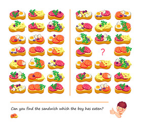Can you find the sandwich which the boy has eaten? Logic puzzle for smartest. Educational game. Page for kids brain teaser book. Task for attentiveness. Play online. Flat vector illustration.