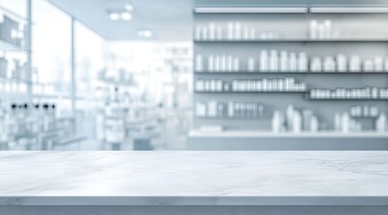 Clean, modern pharmacy interior.  Empty marble countertop in front