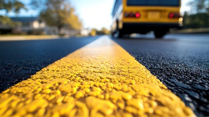 School bus approaching, street, suburb, asphalt close-up