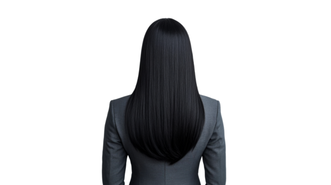 Dark-haired woman in a gray suit, rear view, isolated, cut out transparent