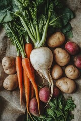 Fresh, assorted root vegetables and greens on a burlap surface