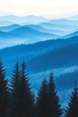 Layers of blue mountains and trees create a serene landscape scene