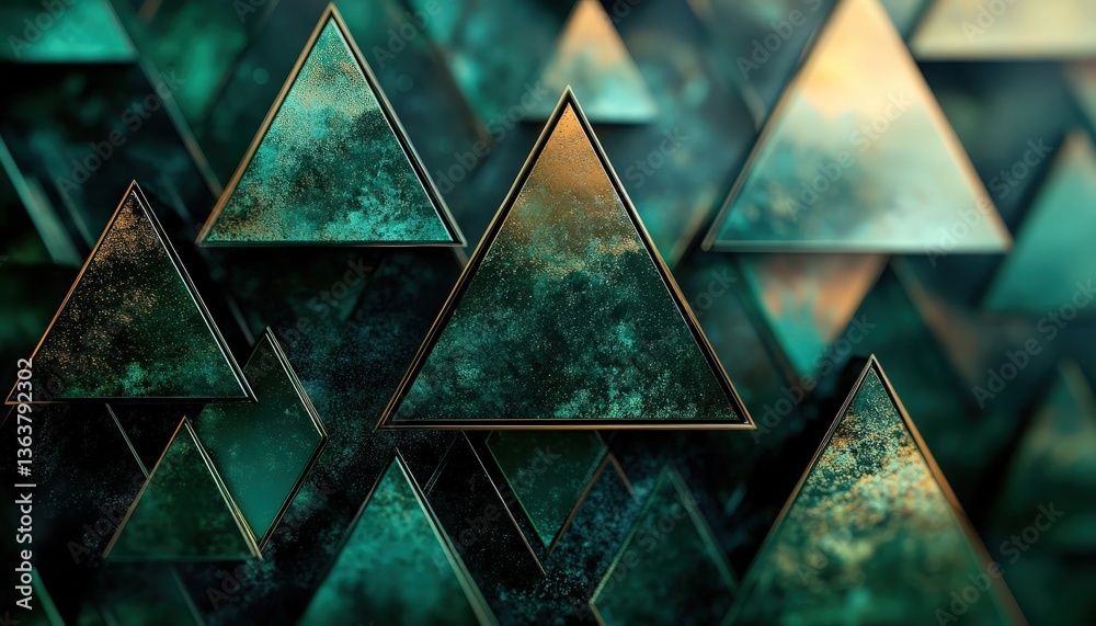 Leinwandbilder Layered collection of green triangles creating depth and modern design on a stark black background, evoking a clean and sophisticated aesthetic featuring varying shades