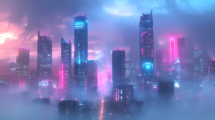 Fototapeta premium Futuristic city skyline with skyscrapers shrouded fog, illuminated by neon lights, evokes sense of advanced technology and. Shrouded Evolution. Illustration