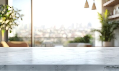 Modern, minimalist, marble countertop with city view