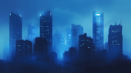 Fototapeta premium Mysterious cityscape: skyscrapers shrouded in a misty blue dawn. Shrouded Evolution. Illustration