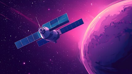 Obraz premium Futuristic Satellite Orbiting a Colorful Planet, A futuristic satellite orbiting a colorful planet in a vibrant space scene