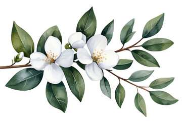 Obraz premium White flower with green leaves is on a branch, isolated