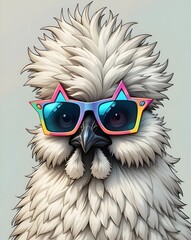 a silkie chicken cartoon illustration wearing cool sunglasses, cool, funny, cute, bird, poultry, farm animal, stylish, hipster chicken, funny chicken, silkie chicken, animal cartoon, cool bird, quirky