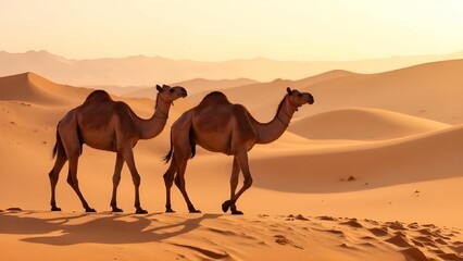 Two camels walking across a golden desert landscape during sunset in a tranquil environment