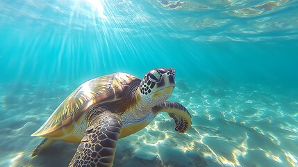 Fototapeta premium Sea Turtle Swimming Underwater in Sunlit Ocean, A sea turtle swimming gracefully underwater with sunlight filtering through the clear blue water