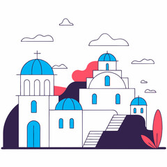 Blue domed Greek Orthodox church architecture in white Oia, Santorini, amidst the Aegean sky