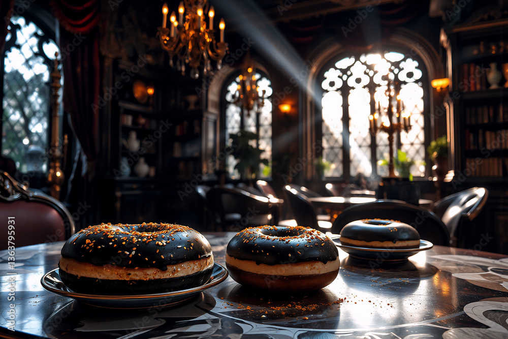 Aufkleber chocolate donuts with sprinkles sit on a table inside an opulent room. chandeliers and arched window