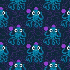 Fototapeta premium Cartoon sea animals seamless octopus and knitting pattern for hobby accessories and fabric and linens