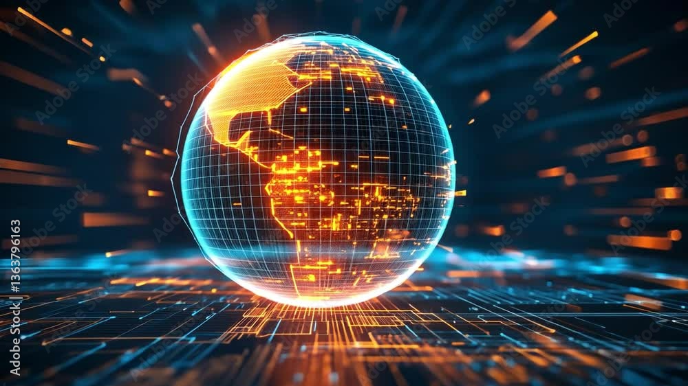 Wall mural global connectivity: a glowing digital globe with lines of connection, set against a backdrop of tec