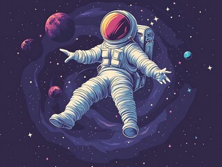Illustrated astronaut floating in outer space surrounded by colorful planets and stars