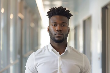 Obraz premium Portrait of a confident black man in office hallway