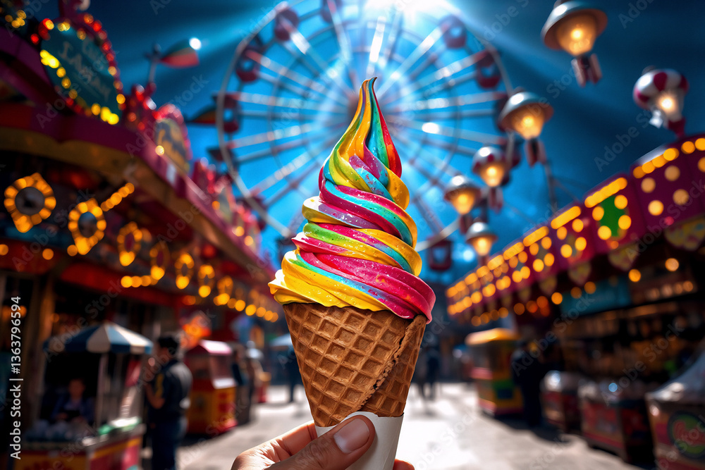 Poster a hand holds a colorful rainbow swirl ice cream cone with a carnival ferris wheel and festive lights