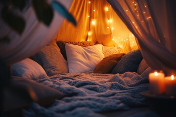 Cozy bedroom tent with fairy lights and candles, relaxing ambiance