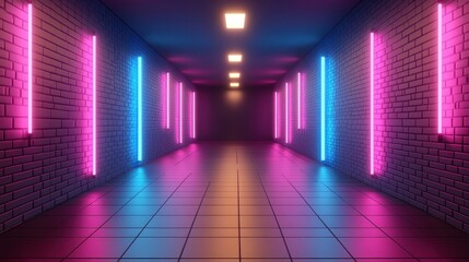 Neon Lights Corridor: A Vibrant 3D Render of a Pink and Blue Illuminated Brick Tunnel