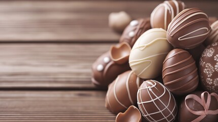 Fototapeta premium Delicious Assortment of Milk and Dark Chocolate Easter Eggs on Wooden Background