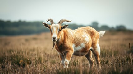 Goat grazing peacefully in a serene meadow under overcast sky