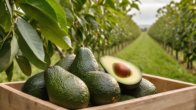 fresh green avocado fruits on wood box from garden field for healty food concept