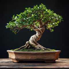 An ancient bonsai tree, a testament to patience and resilience, gracefully showcasing its twisted trunk and vibrant green foliage against a dark background.