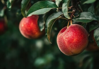 Fresh and Juicy Red Apples Hanging on a Tree Branch with Dew Drops Under Natural Sunlight in a Lush Orchard Environment