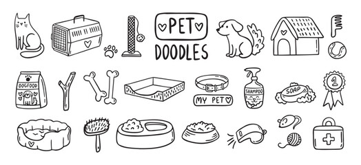 Pet Cat and Dog doodle hand drawn set elements. Pet stuff drawing isolated icons