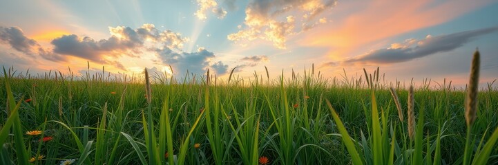 Fototapeta premium Long blades of grass dominate the foreground, leading the eye towards a breathtaking sunset